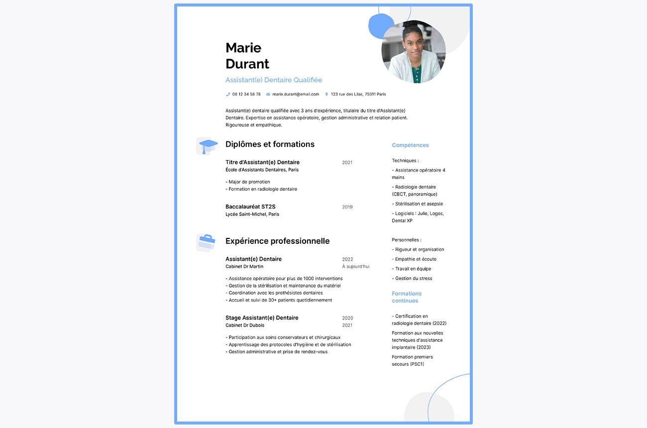 Un exemple de CV sobre pour postuler en tant qu'assistante dentaire